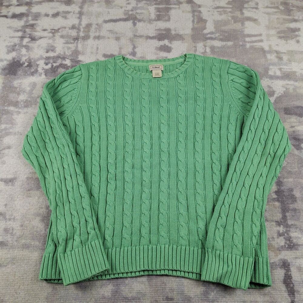 LL Bean Cable Knit Sweater Womens Medium M Green 100% Cotton Crewneck 0HNR2